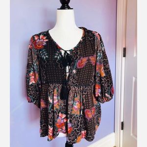 Jaase Floral Boho Print Tassel 3/4 Sleeve Blouse